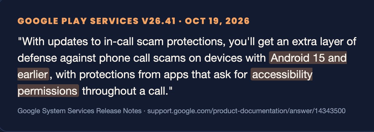Google's Play services 26.41 release note about Android scam call protection on Android 15 and earlier