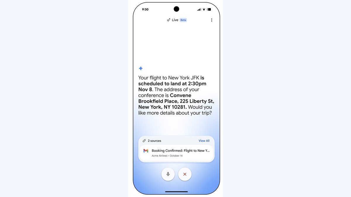Gmail Live on a phone answering a question about a flight, with the source email shown below the answer