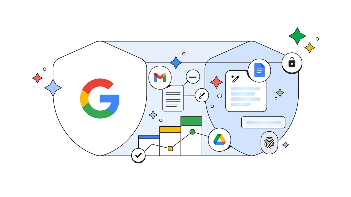Google Workspace privacy illustration with the Google logo on a shield beside Gmail, Docs and Drive icons
