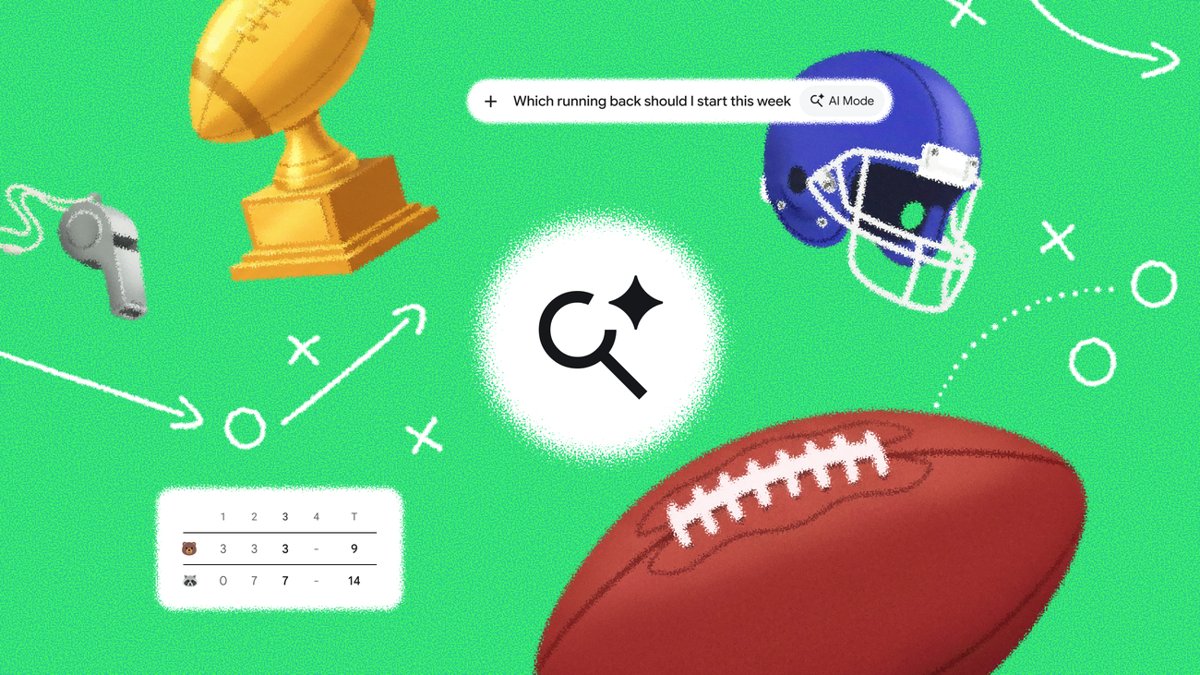 Google AI Mode fantasy football artwork with the question Which running back should I start this week in the AI Mode search bar