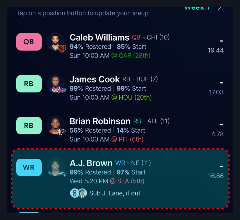A Sleeper fantasy football lineup with Sub J. Lane, if out set under A.J. Brown, showing an AutoSub in place