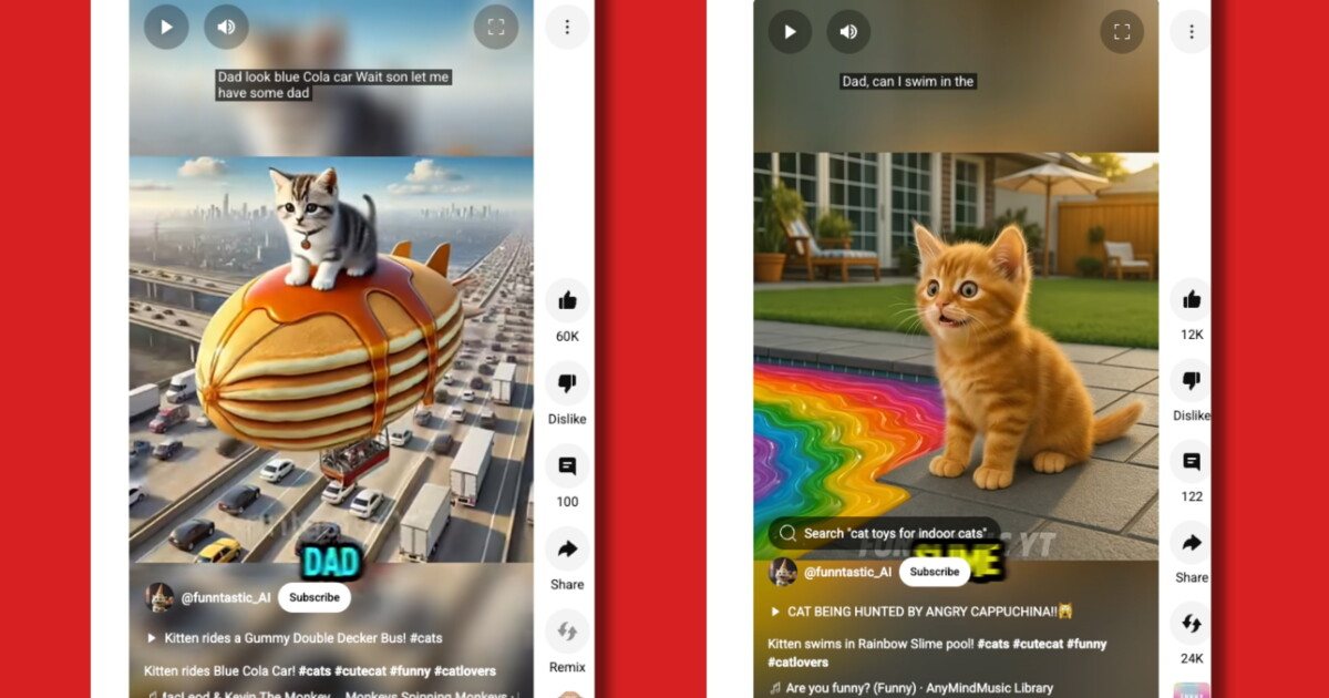 Two AI-generated YouTube Shorts showing a kitten riding a gummy bus and a kitten by a rainbow slime pool, classic AI slop on YouTube