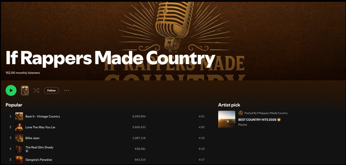 The If Rappers Made Country artist page on Spotify showing 162.6K monthly listeners and no AI Persona badge