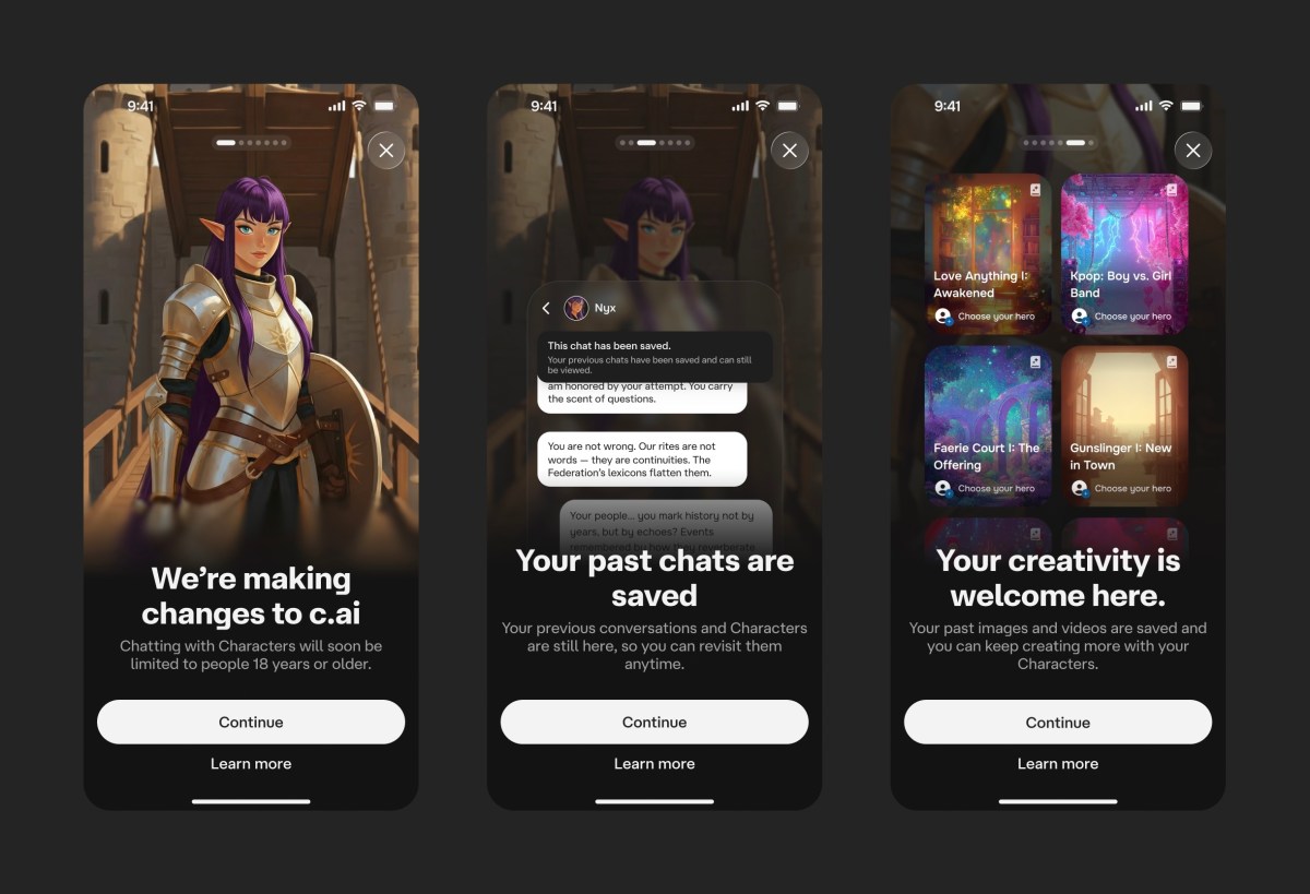 Three phone screens from Character.AI telling under-18 users that chatting with characters is ending and their past chats are saved