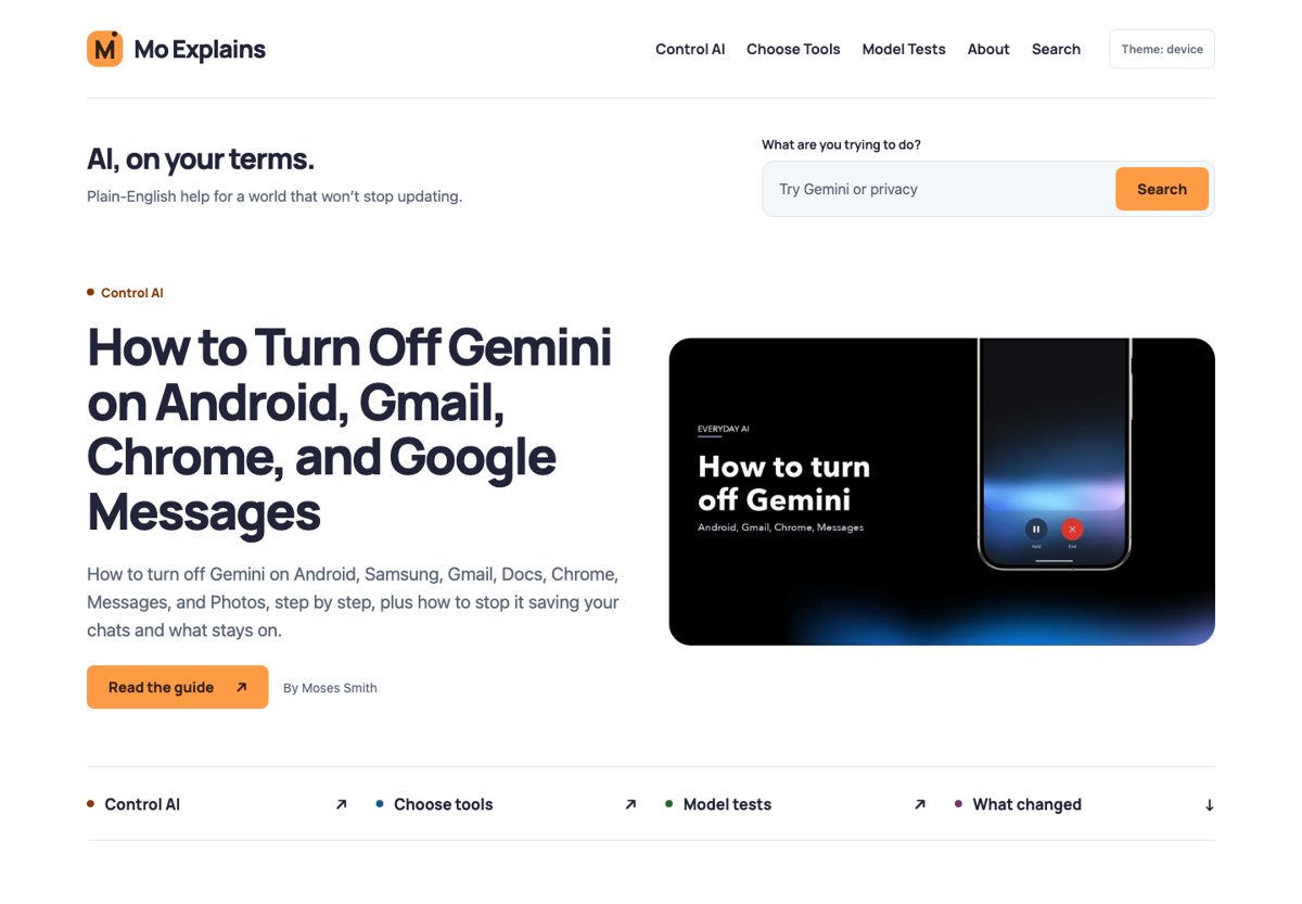 An early version of the Mo Explains homepage built with AI, with a plain layout and little color