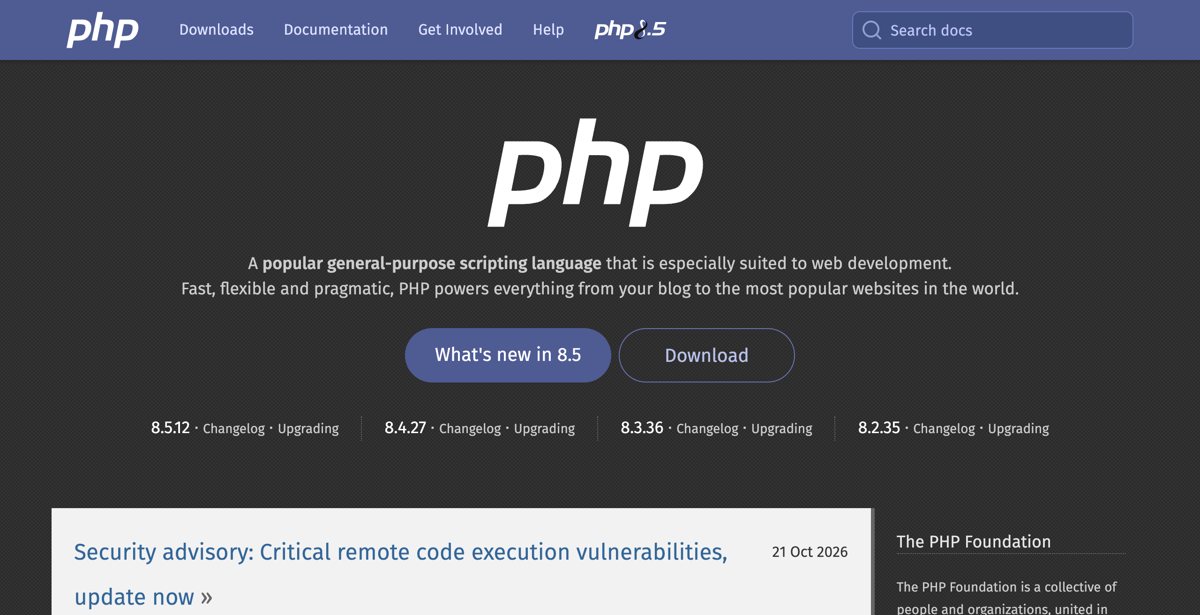 The php.net homepage showing the PHP2Shell security advisory and the fixed PHP versions 8.5.12, 8.4.27, 8.3.36 and 8.2.35