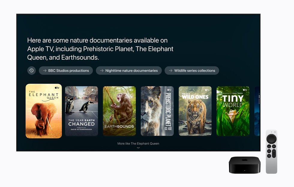 Siri AI on Apple TV showing a row of nature documentaries with follow-up suggestions