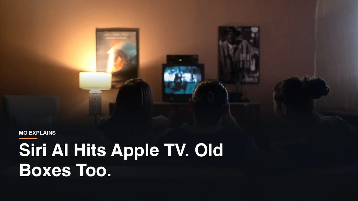 Siri AI on Apple TV: three friends on a couch watching a movie in a dim living room