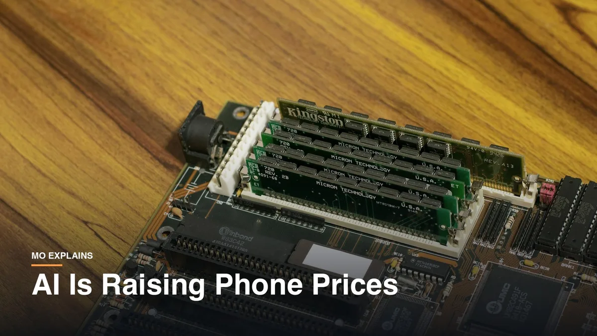 Detailed image of a vintage computer motherboard with RAM sticks, with the headline “AI Is Raising Phone Prices”.